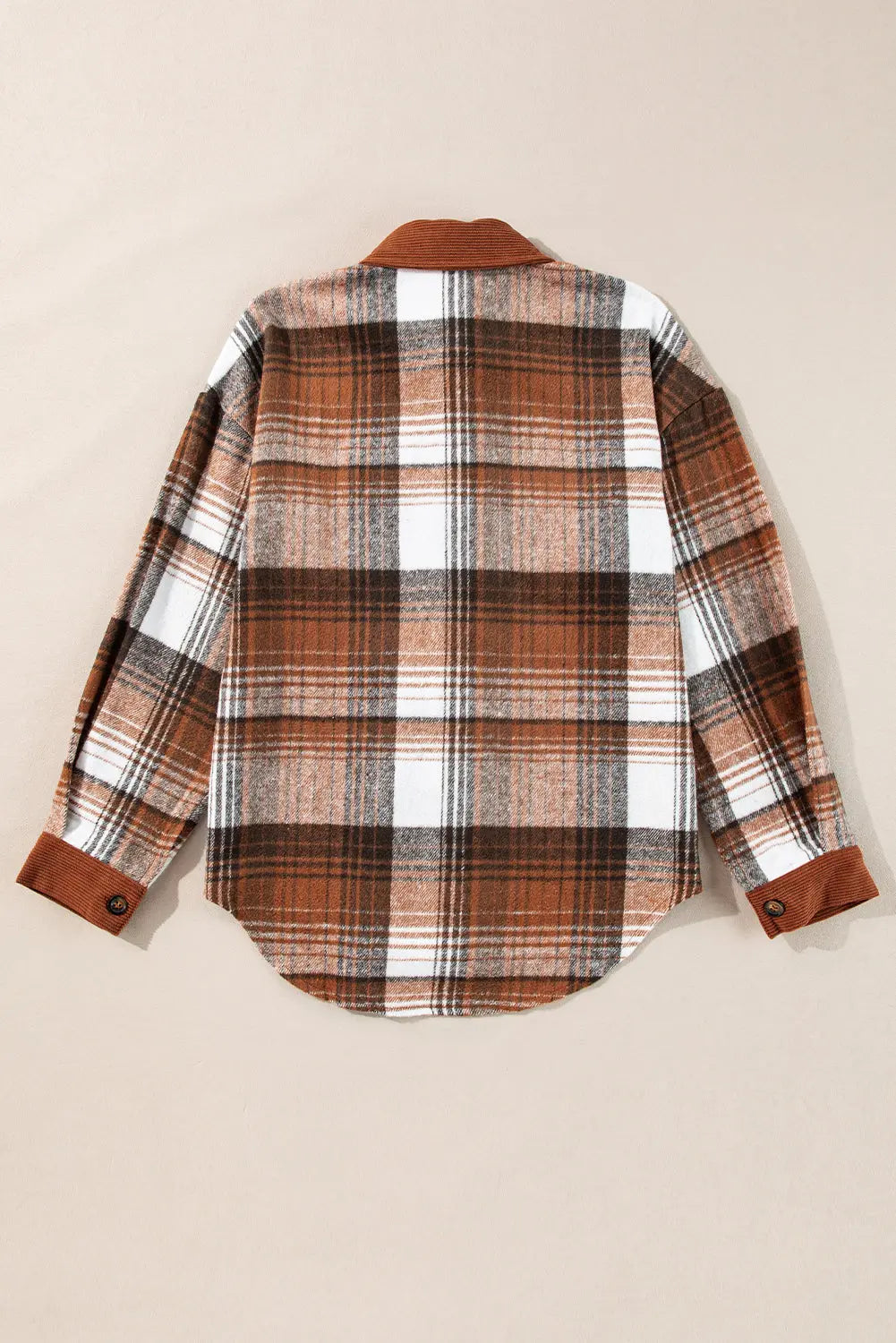 Cinnamon Plaid Corduroy Patchwork Chest Pocket Shacket Beagle Boutique Fashion Outlet