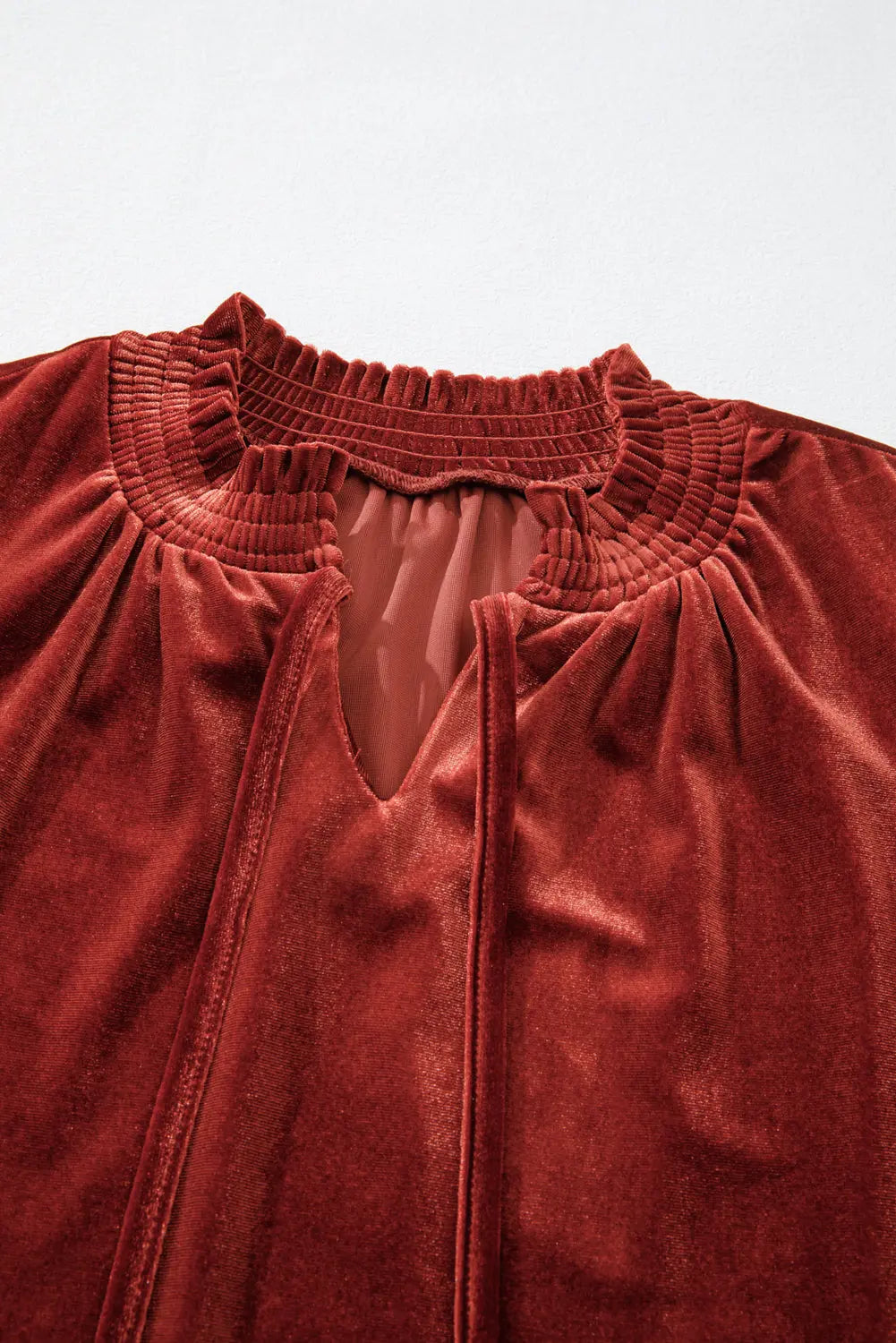 Cinnamon Velvet Smocked Neckline Puff Sleeve Shift Mini Dress - eAura