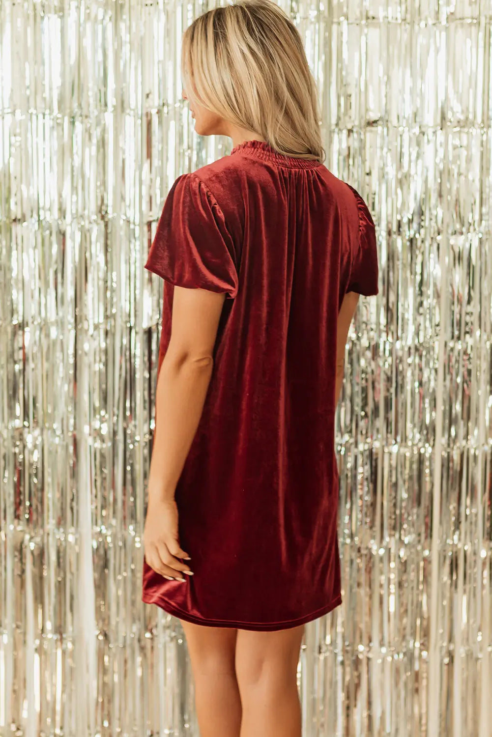 Cinnamon Velvet Smocked Neckline Puff Sleeve Shift Mini Dress - eAura