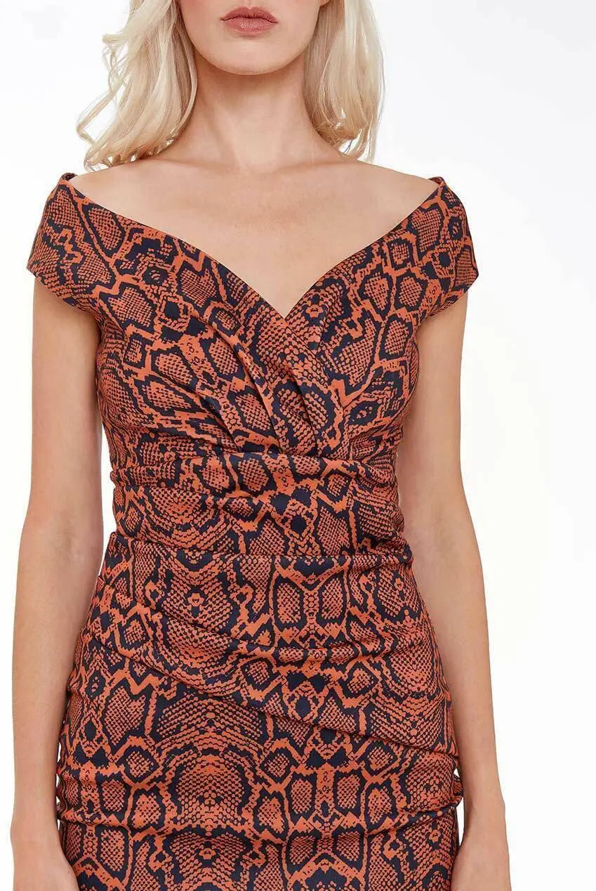 City Goddess Snake Print Bardot Midi Dress Sizes 8, 10 - BB Fashion Outlet