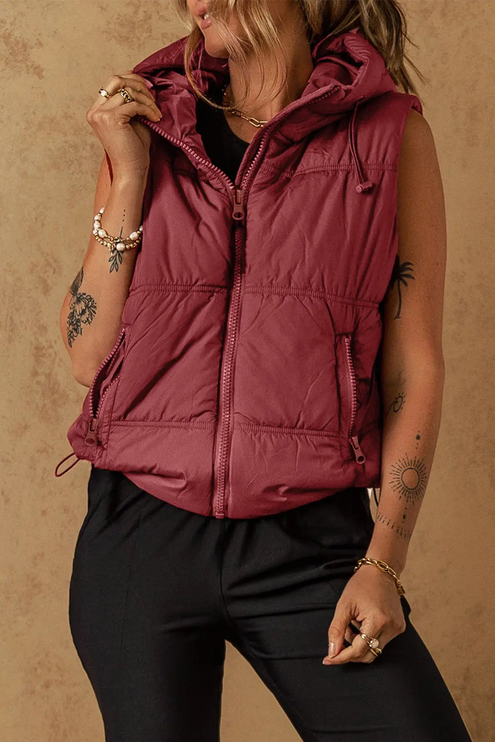 Clay Zip-up Side Pockets Hooded Puffer Vest - eAura