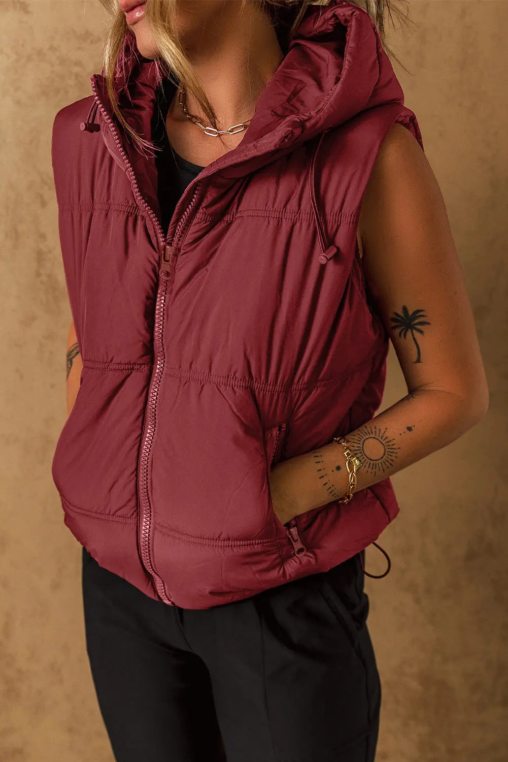 Clay Zip-up Side Pockets Hooded Puffer Vest - eAura
