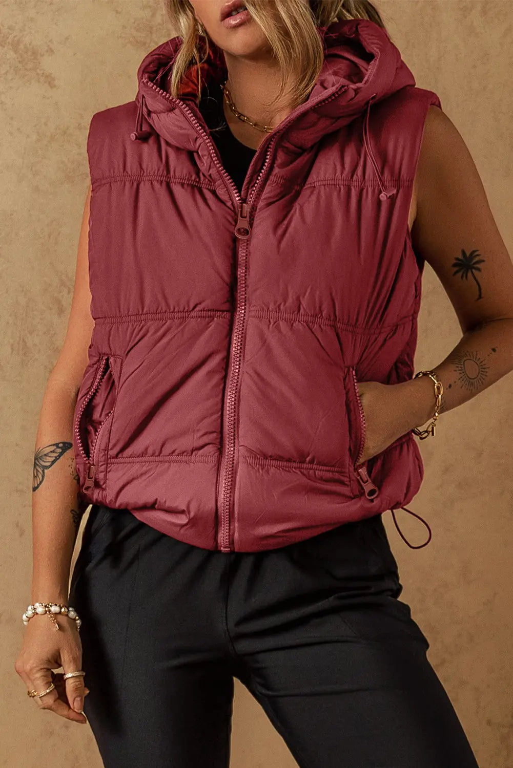 Clay Zip-up Side Pockets Hooded Puffer Vest - eAura