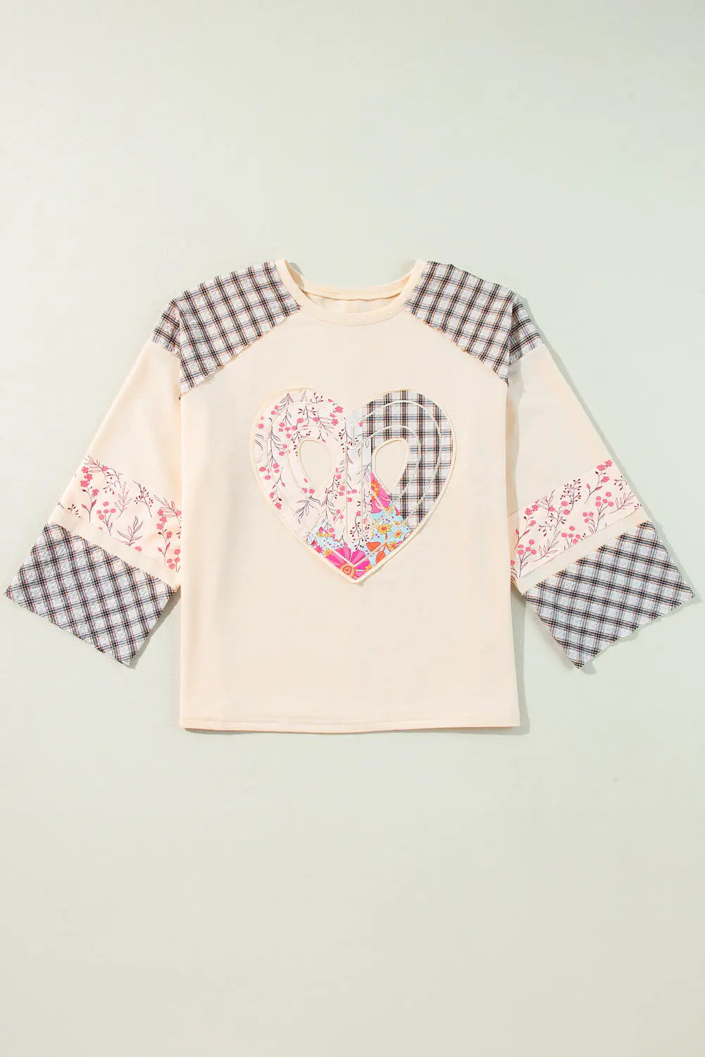 Clearly Aqua Plaid Floral Peace Heart Graphic Wide Long Sleeve Top - eAura