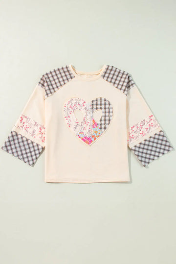 Clearly Aqua Plaid Floral Peace Heart Graphic Wide Long Sleeve Top - eAura