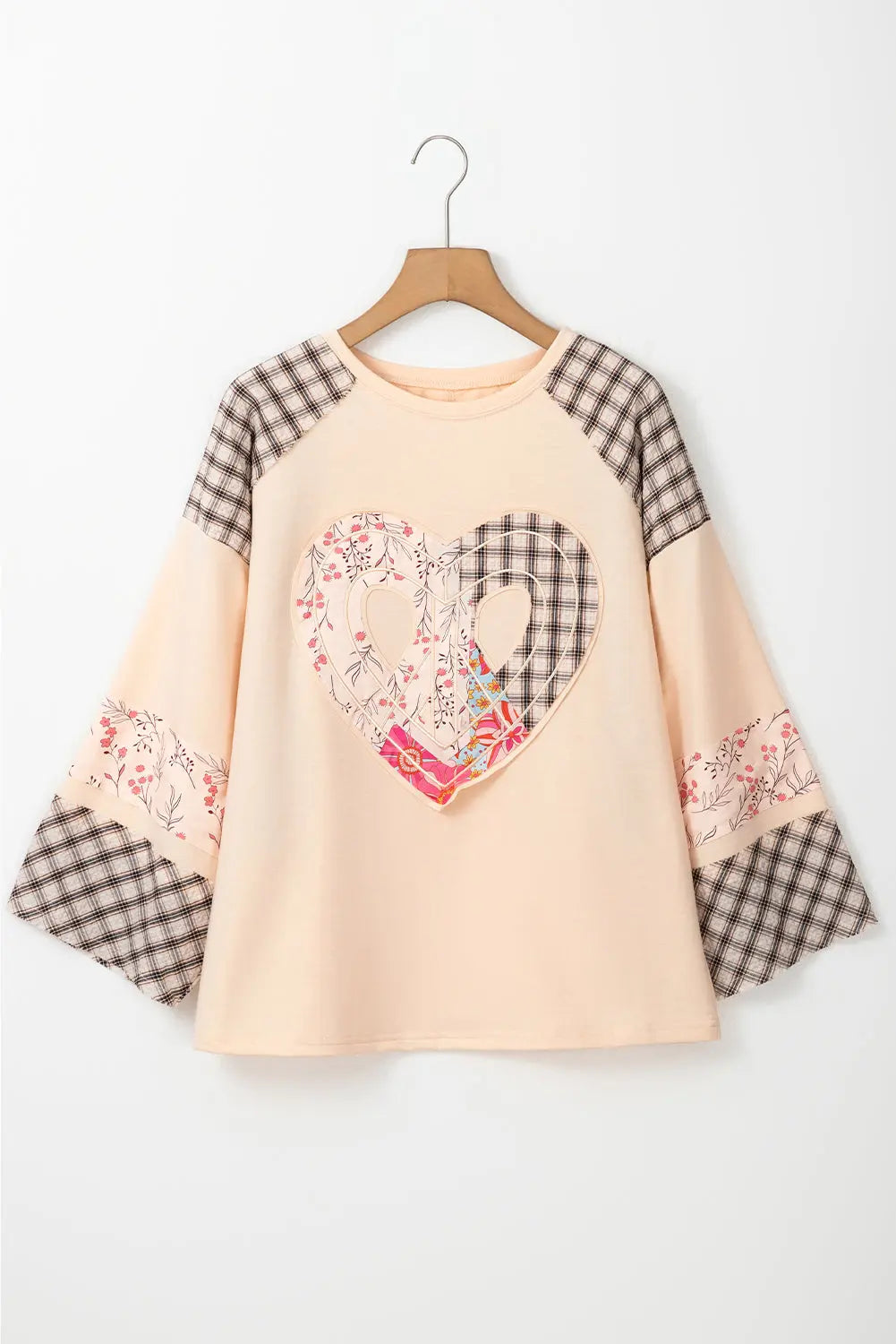 Clearly Aqua Plaid Floral Peace Heart Graphic Wide Long Sleeve Top - eAura