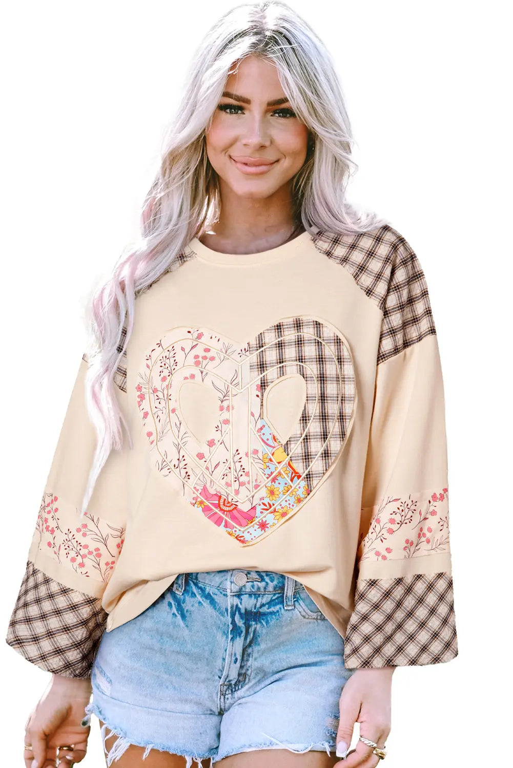 Clearly Aqua Plaid Floral Peace Heart Graphic Wide Long Sleeve Top - eAura