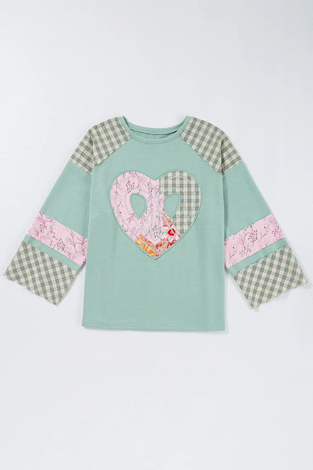 Clearly Aqua Plaid Floral Peace Heart Graphic Wide Long Sleeve Top - eAura