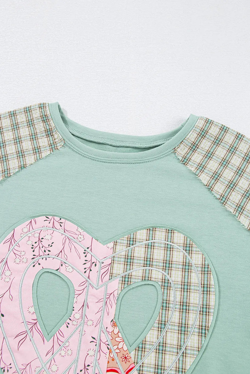 Clearly Aqua Plaid Floral Peace Heart Graphic Wide Long Sleeve Top - eAura