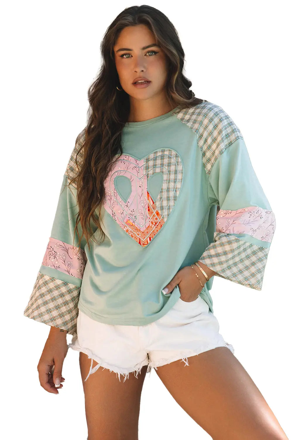Clearly Aqua Plaid Floral Peace Heart Graphic Wide Long Sleeve Top - eAura