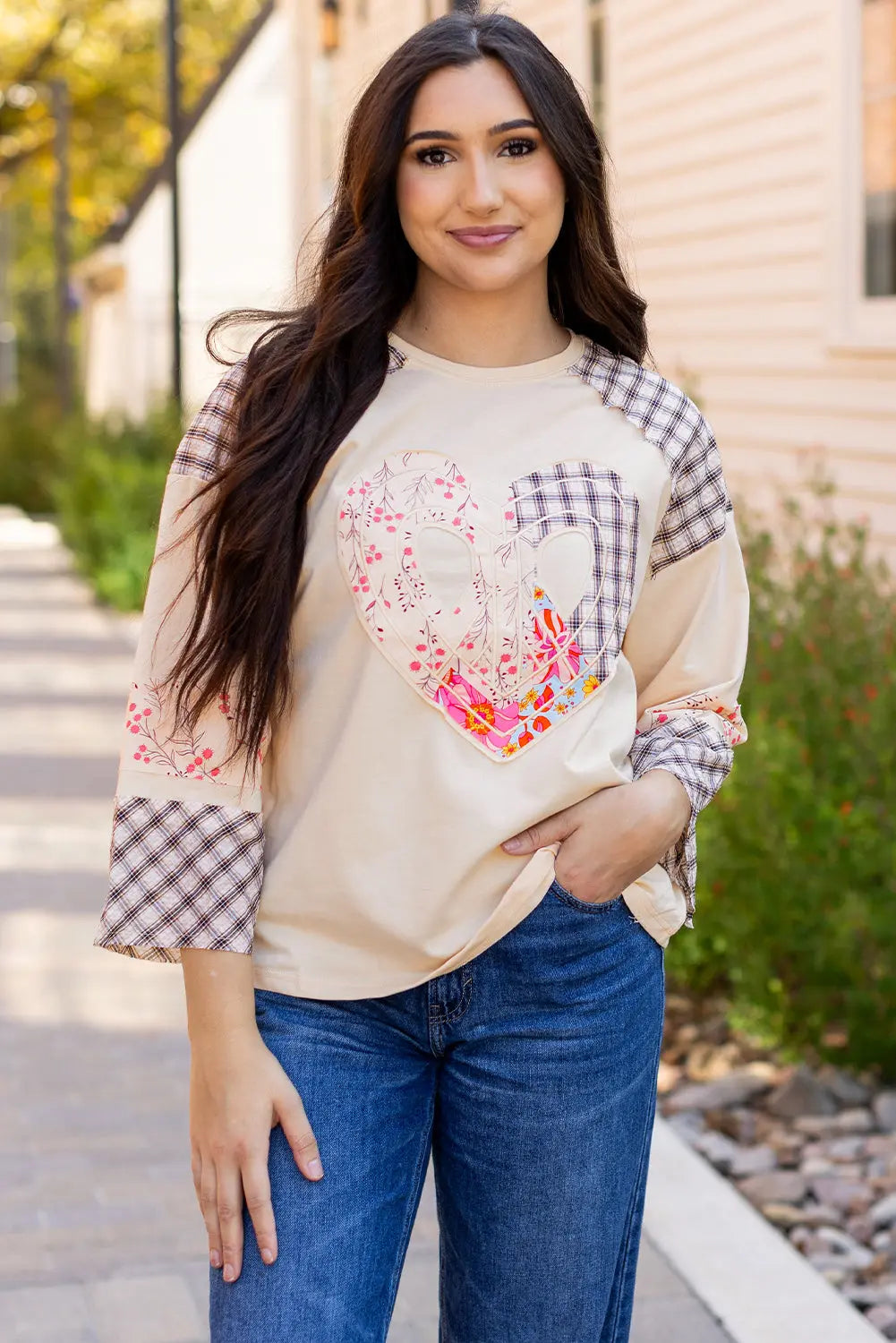 Clearly Aqua Plaid Floral Peace Heart Graphic Wide Long Sleeve Top - eAura