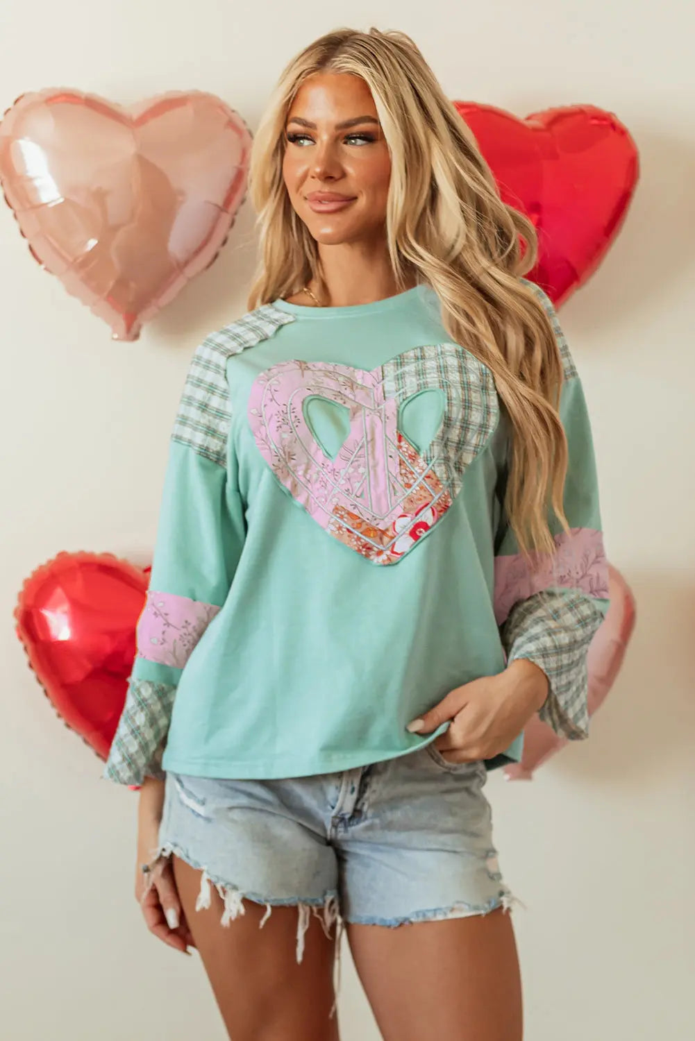 Clearly Aqua Plaid Floral Peace Heart Graphic Wide Long Sleeve Top - eAura