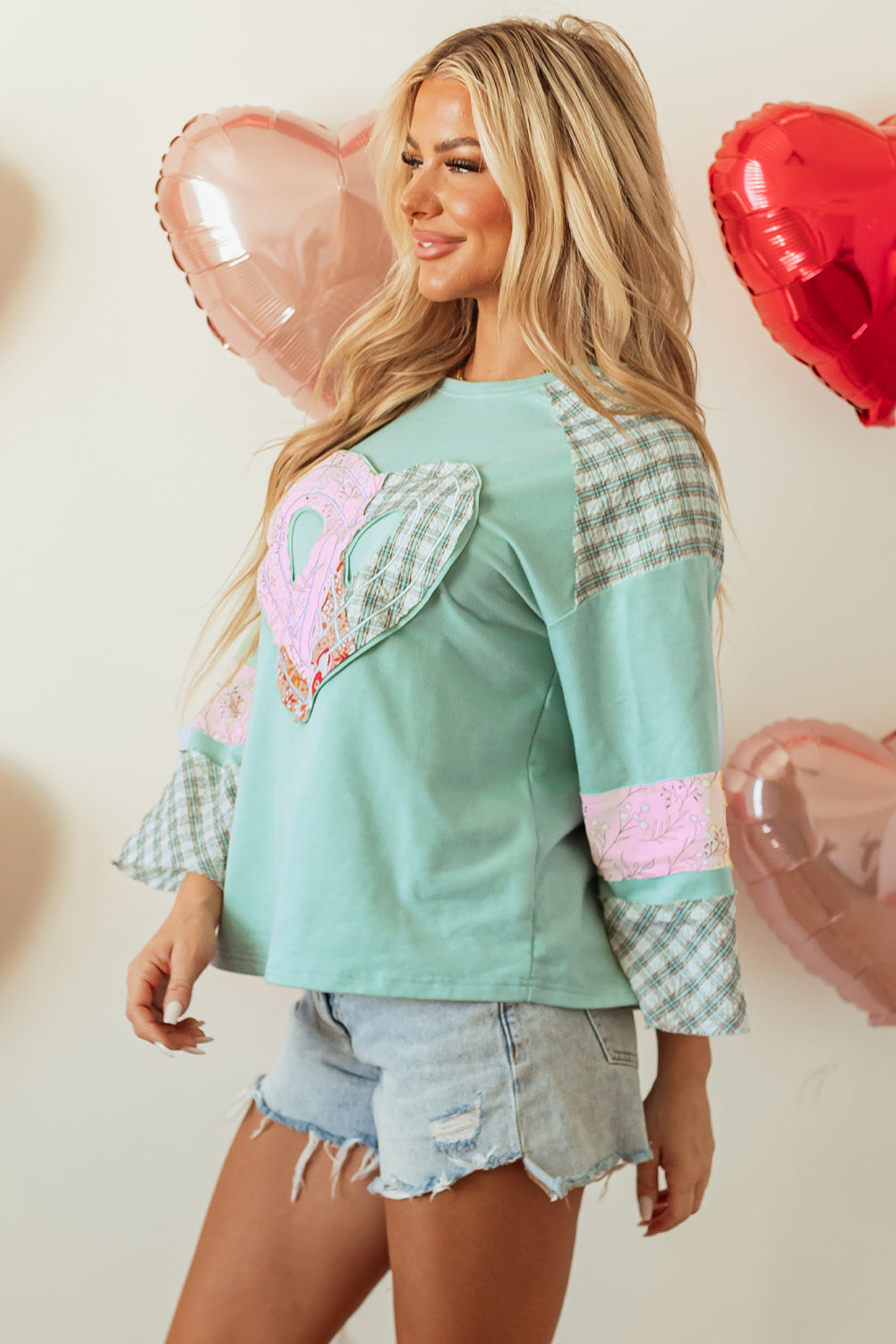 Clearly Aqua Plaid Floral Peace Heart Graphic Wide Long Sleeve Top - eAura