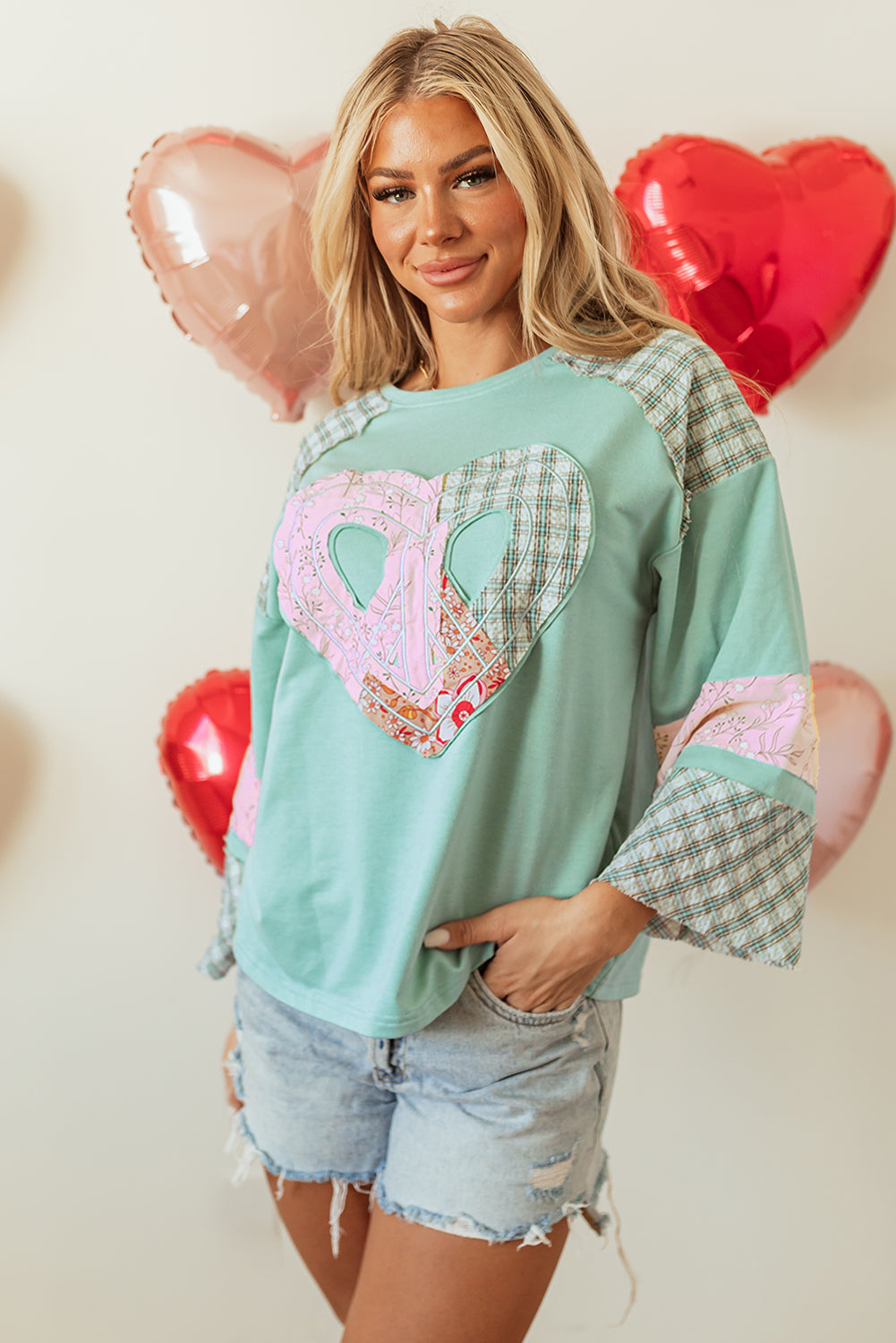 Clearly Aqua Plaid Floral Peace Heart Graphic Wide Long Sleeve Top - eAura