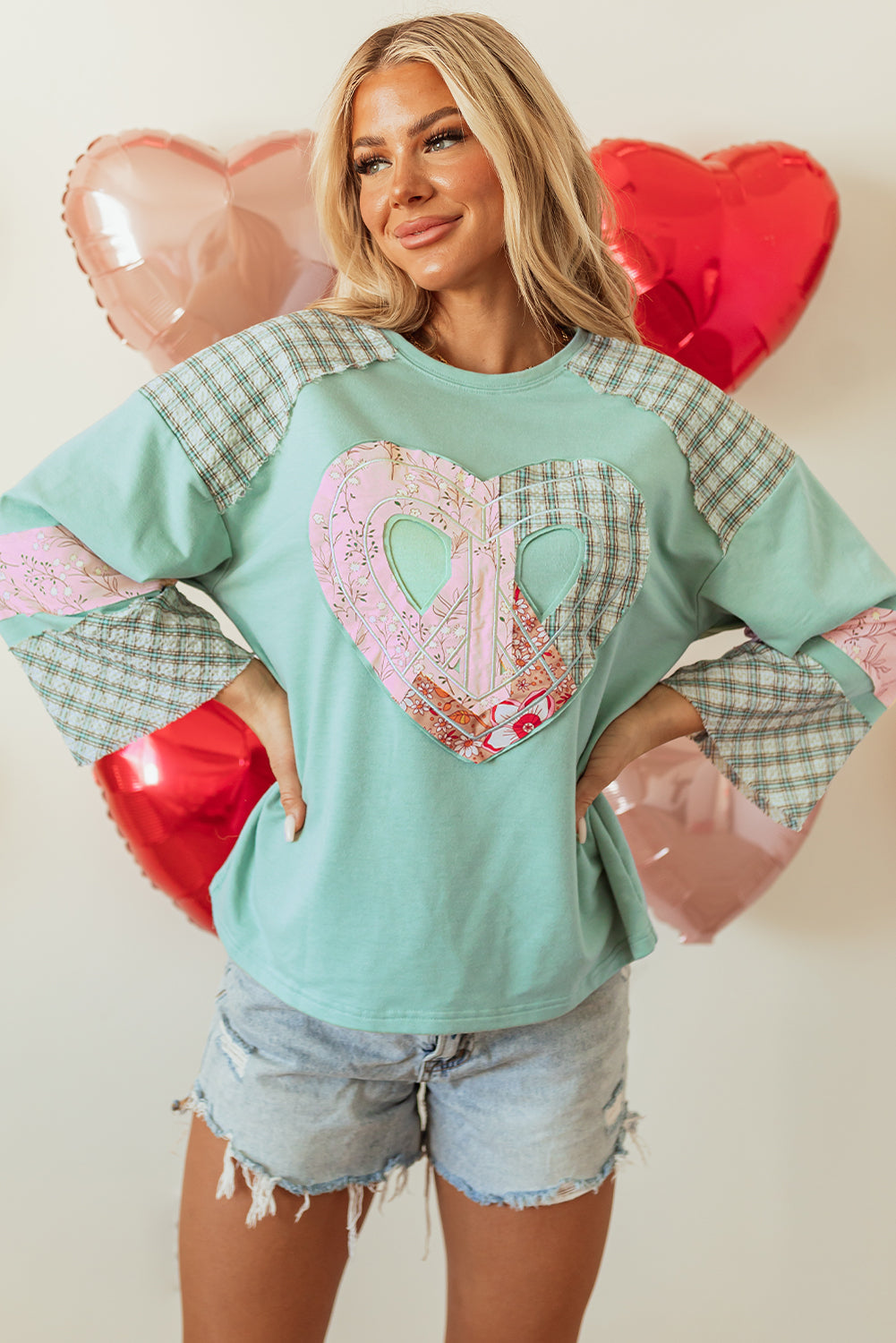 Clearly Aqua Plaid Floral Peace Heart Graphic Wide Long Sleeve Top - eAura