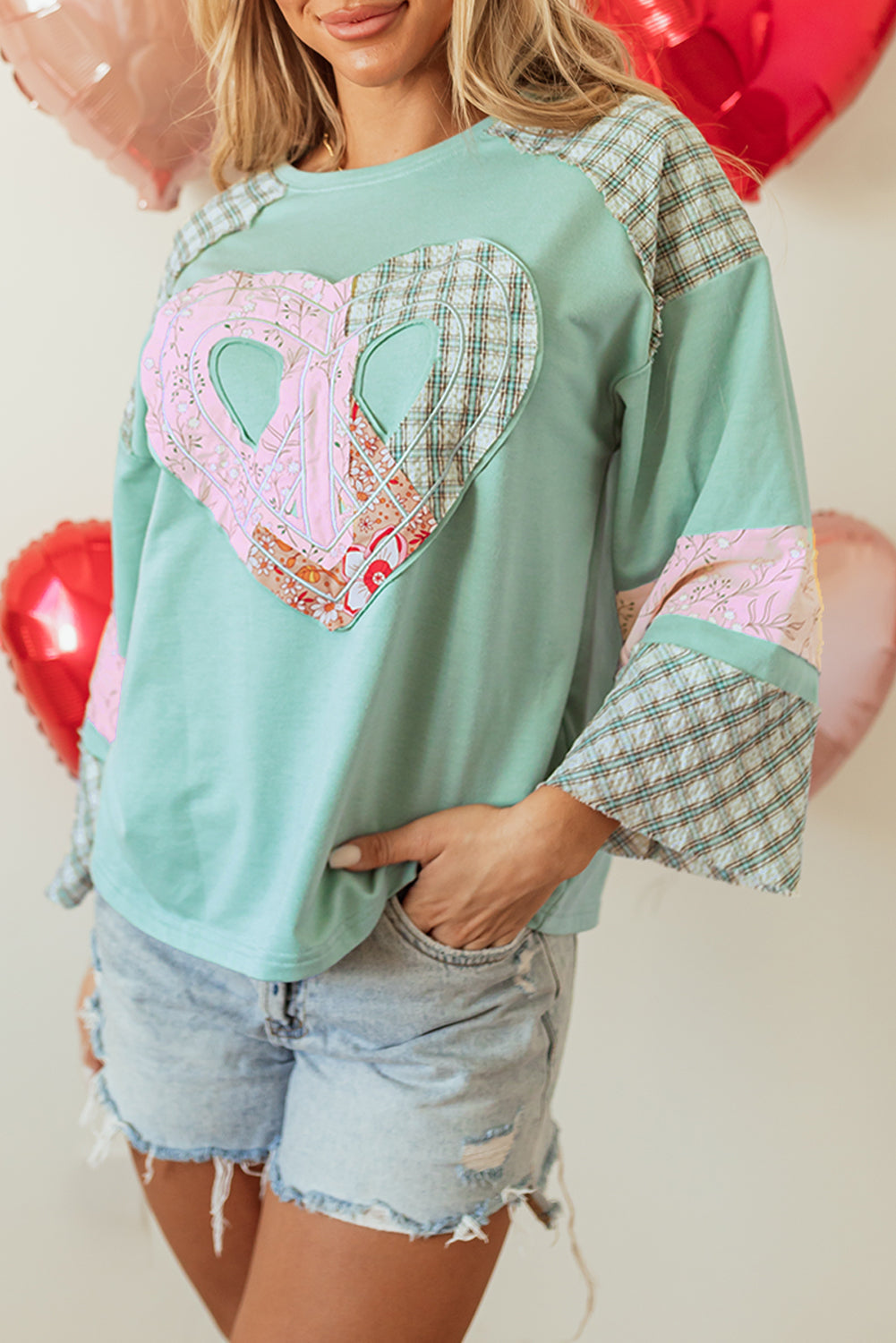 Clearly Aqua Plaid Floral Peace Heart Graphic Wide Long Sleeve Top - eAura