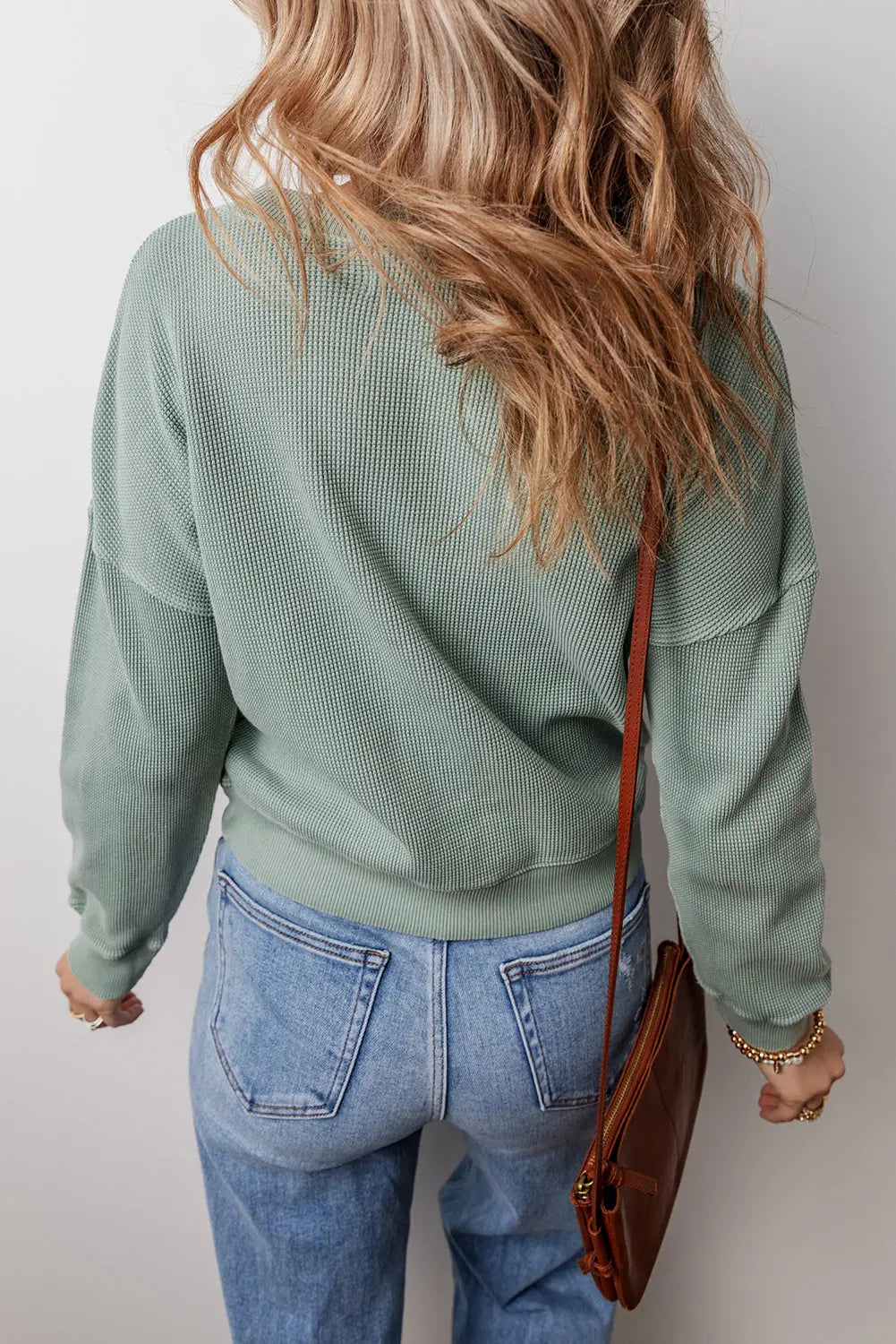 Clearly Aqua Waffle Knit Drop Shoulder V Neck Top Beagle Boutique Fashion Outlet