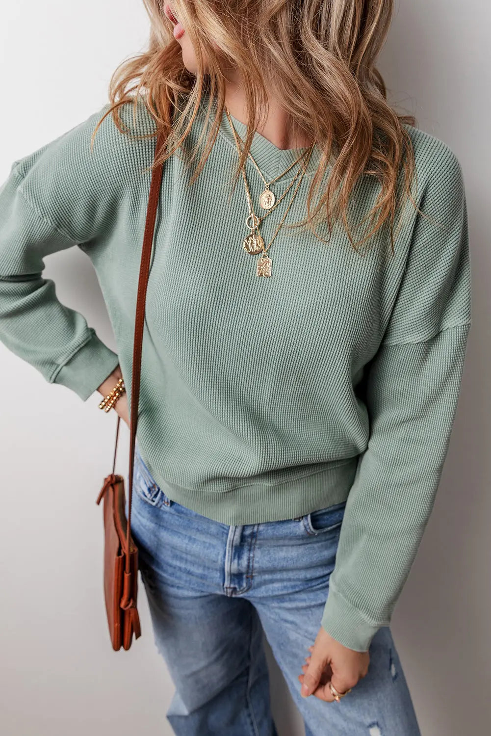 Clearly Aqua Waffle Knit Drop Shoulder V Neck Top Beagle Boutique Fashion Outlet