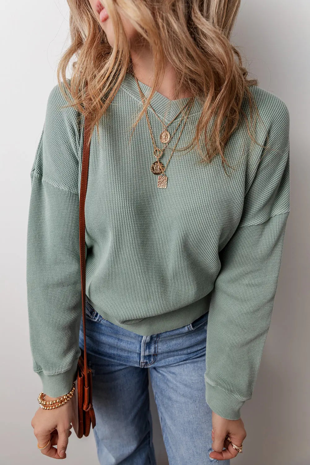 Clearly Aqua Waffle Knit Drop Shoulder V Neck Top Beagle Boutique Fashion Outlet
