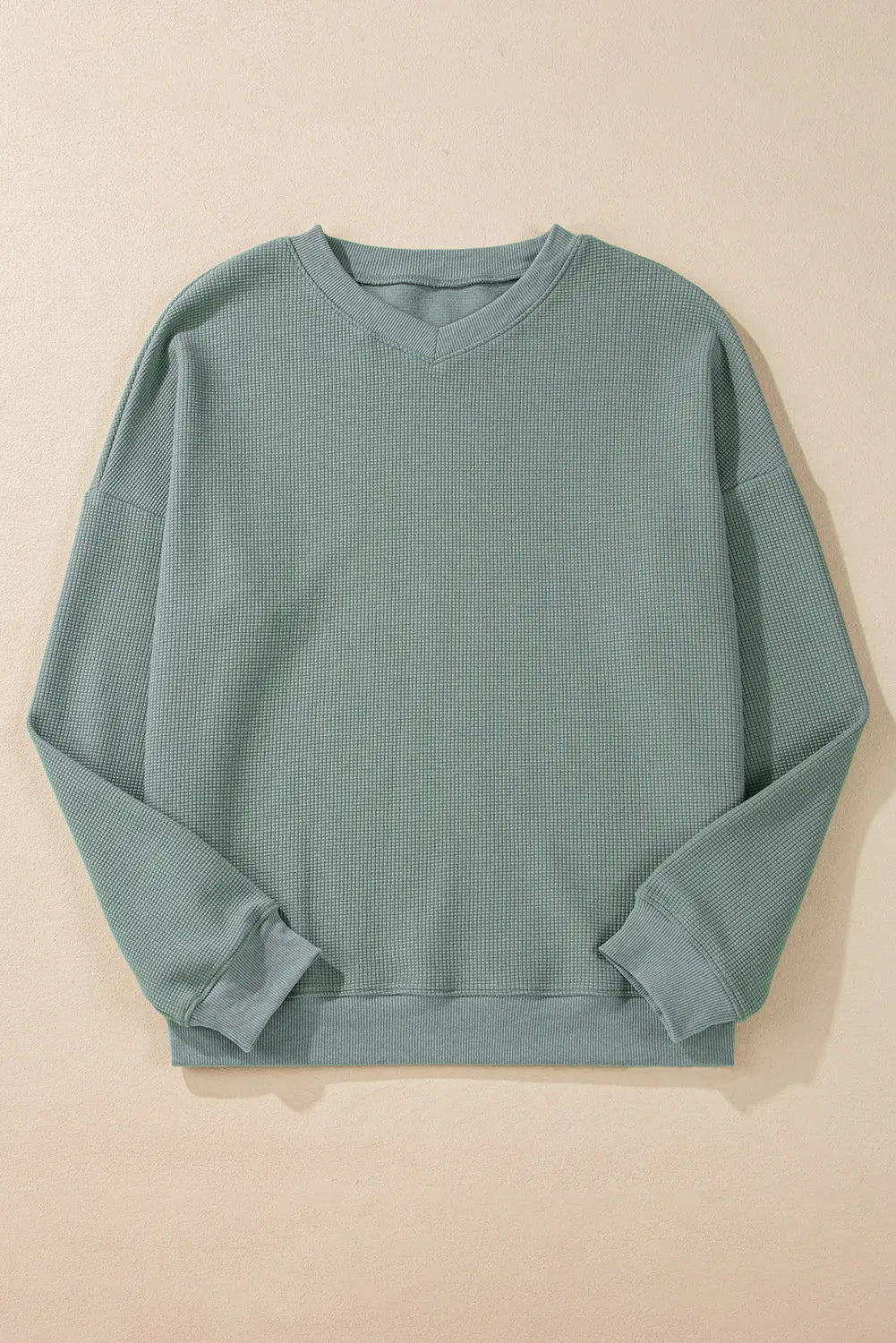Clearly Aqua Waffle Knit Drop Shoulder V Neck Top Beagle Boutique Fashion Outlet
