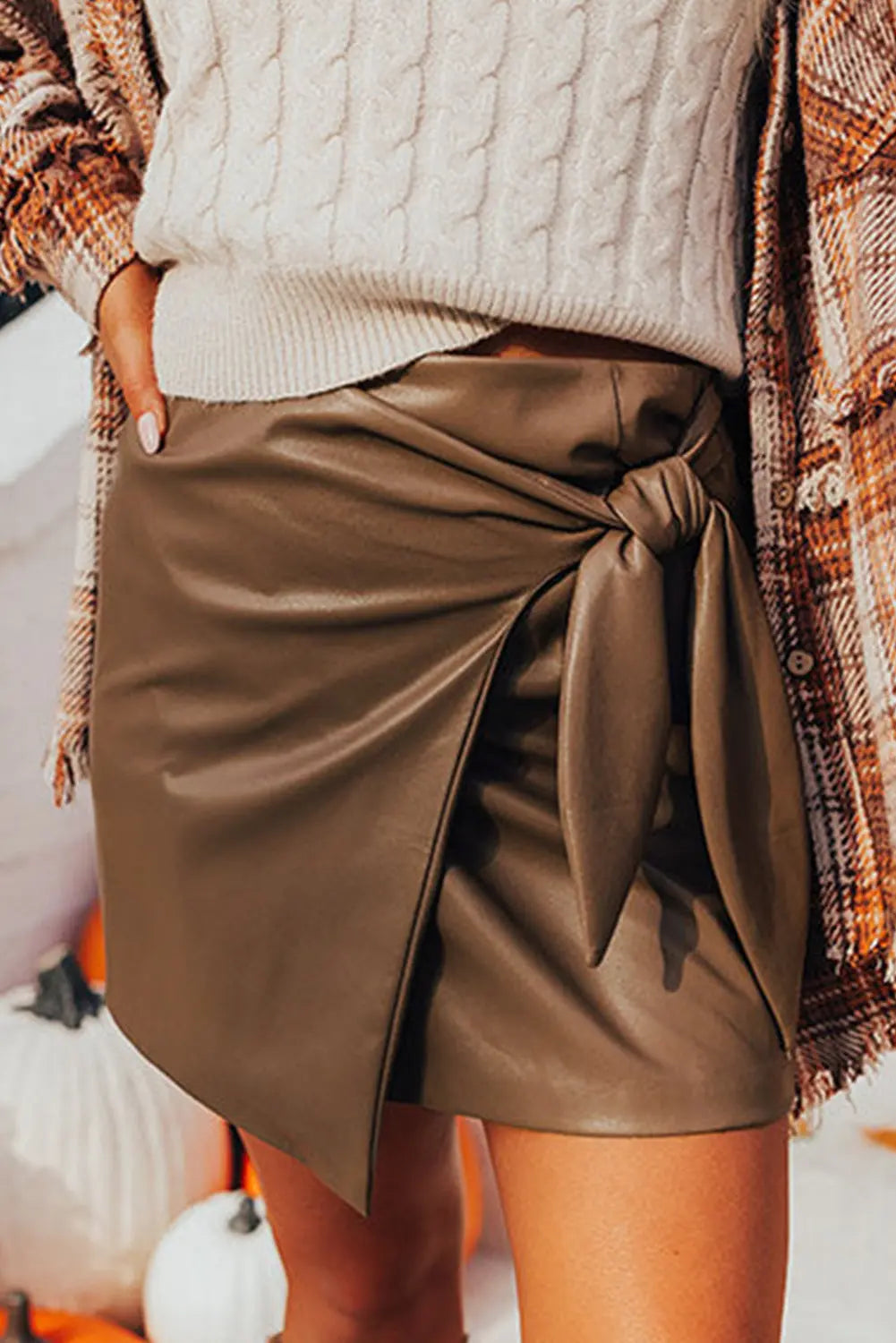 Coffee Bowknot Faux Leather Mini Skirt - eAura