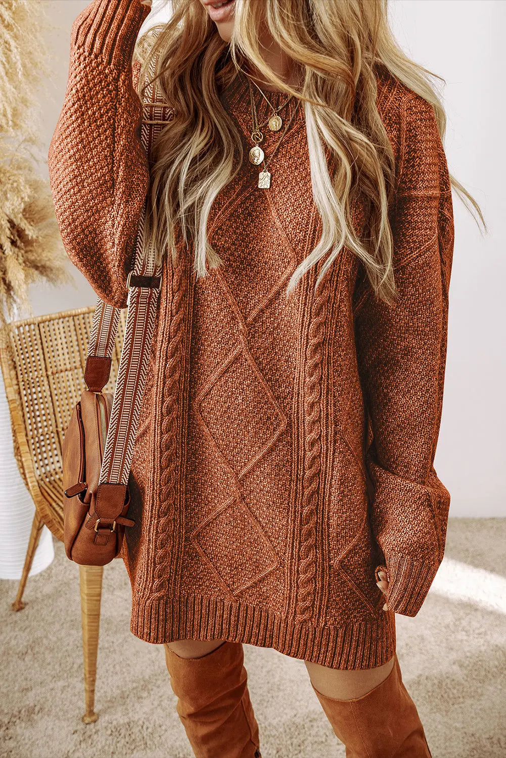 Coffee Cable Knit Drop Shoulder Loose Fit Sweater Dress Beagle Boutique Fashion Outlet