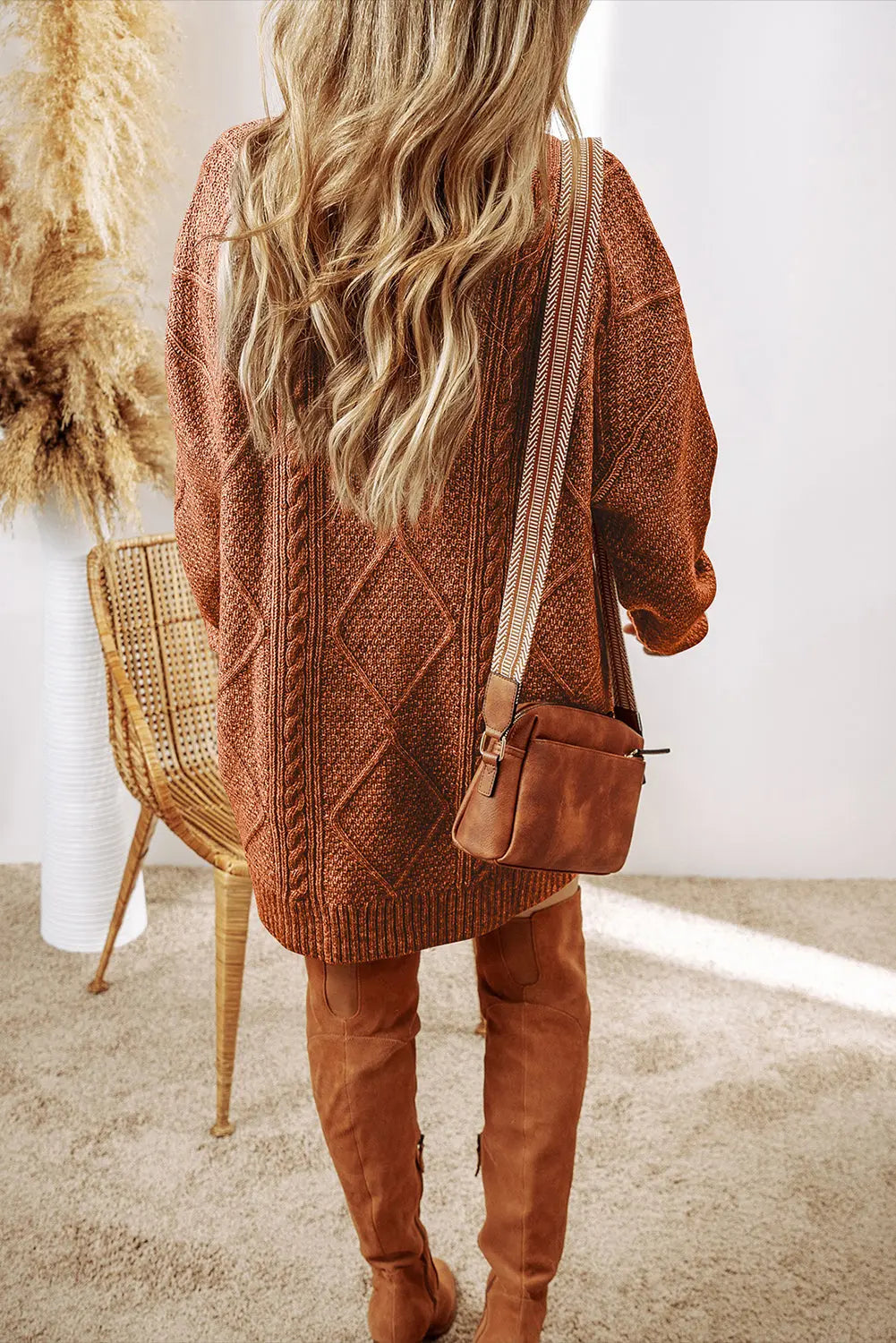 Coffee Cable Knit Drop Shoulder Loose Fit Sweater Dress Beagle Boutique Fashion Outlet