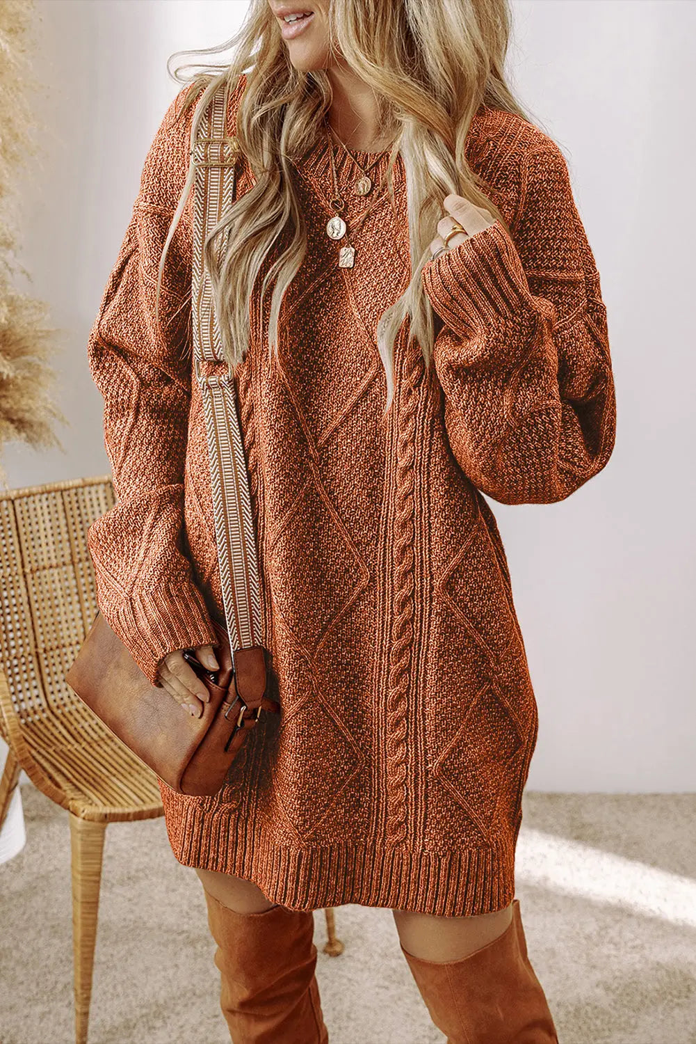 Coffee Cable Knit Drop Shoulder Loose Fit Sweater Dress Beagle Boutique Fashion Outlet