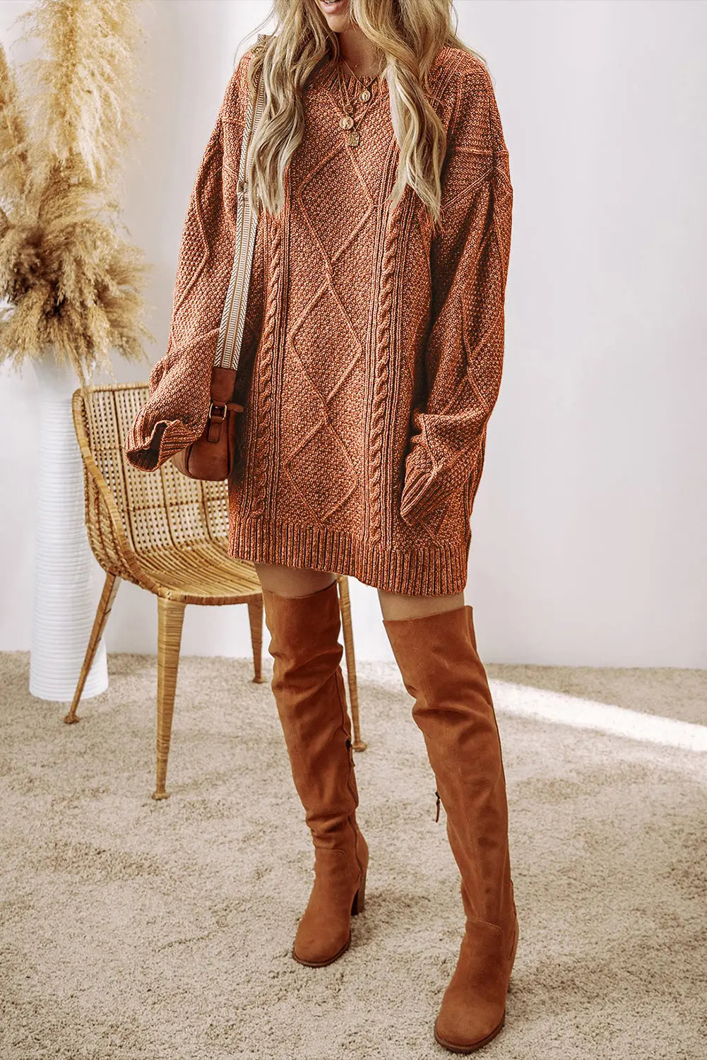 Coffee Cable Knit Drop Shoulder Loose Fit Sweater Dress Beagle Boutique Fashion Outlet