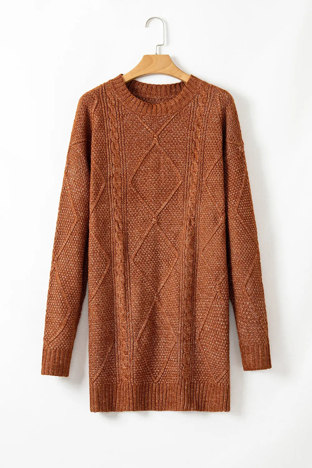 Coffee Cable Knit Drop Shoulder Loose Fit Sweater Dress Beagle Boutique Fashion Outlet