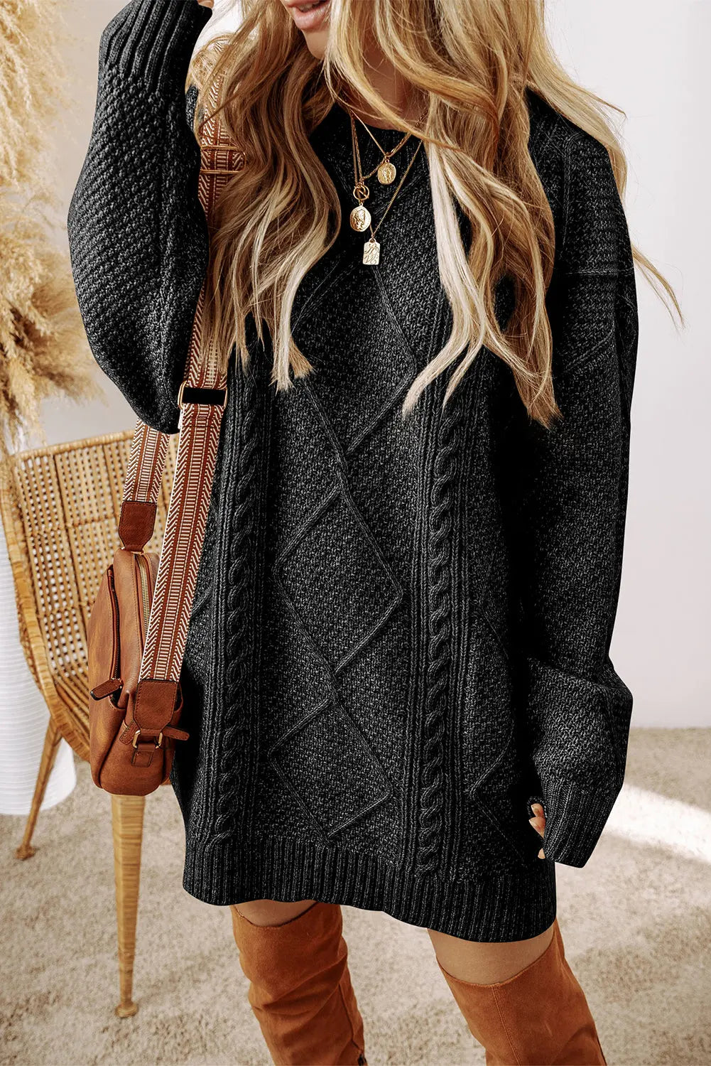 Coffee Cable Knit Drop Shoulder Loose Fit Sweater Dress Beagle Boutique Fashion Outlet