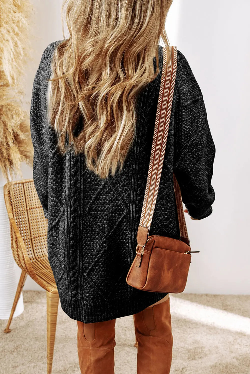 Coffee Cable Knit Drop Shoulder Loose Fit Sweater Dress Beagle Boutique Fashion Outlet