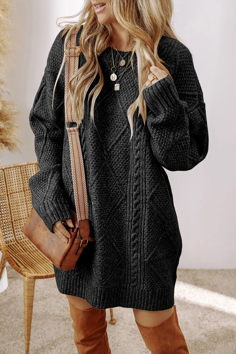 Coffee Cable Knit Drop Shoulder Loose Fit Sweater Dress Beagle Boutique Fashion Outlet