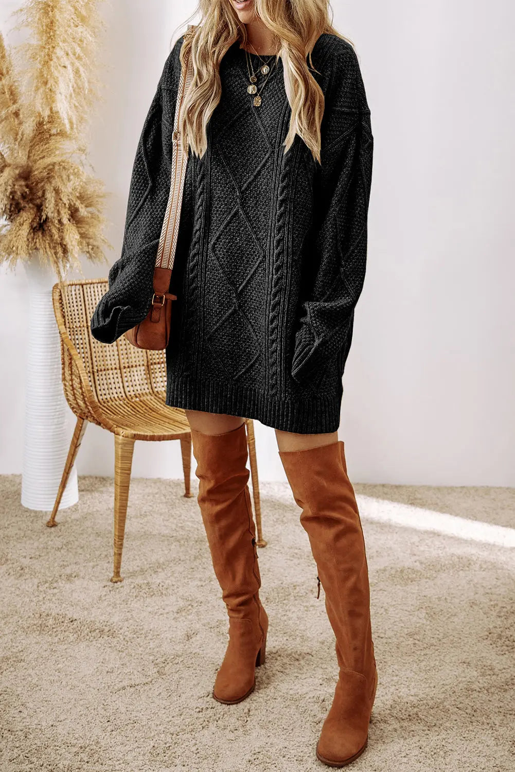 Coffee Cable Knit Drop Shoulder Loose Fit Sweater Dress Beagle Boutique Fashion Outlet
