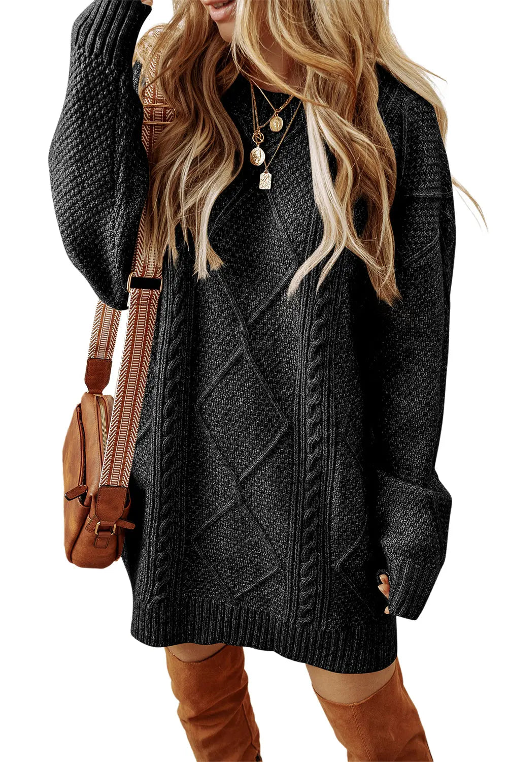 Coffee Cable Knit Drop Shoulder Loose Fit Sweater Dress Beagle Boutique Fashion Outlet