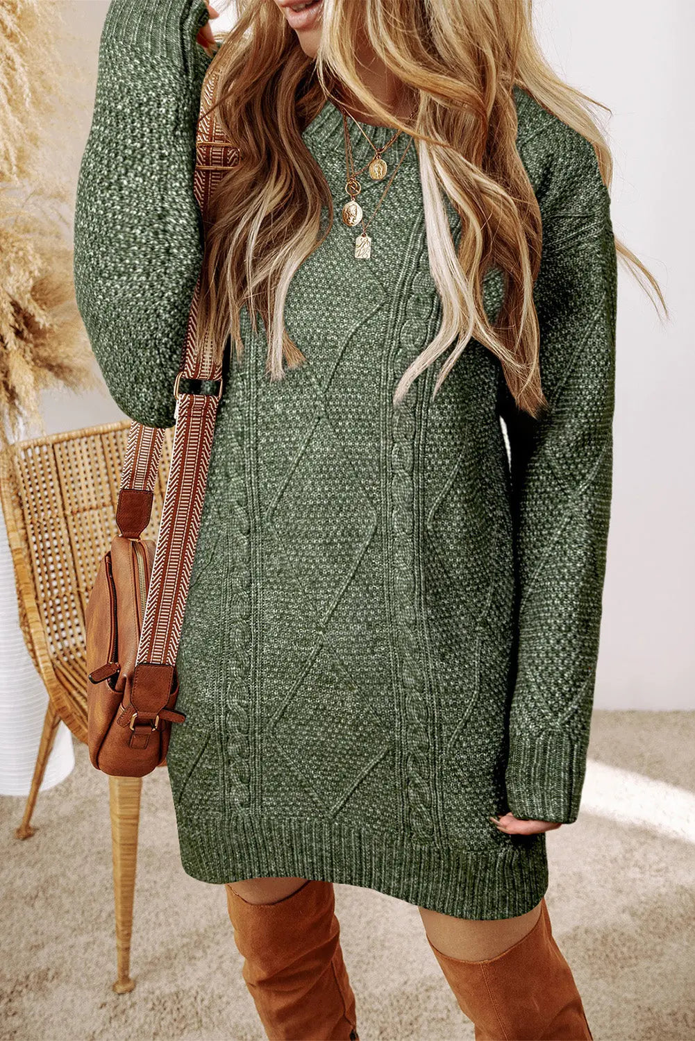 Coffee Cable Knit Drop Shoulder Loose Fit Sweater Dress Beagle Boutique Fashion Outlet