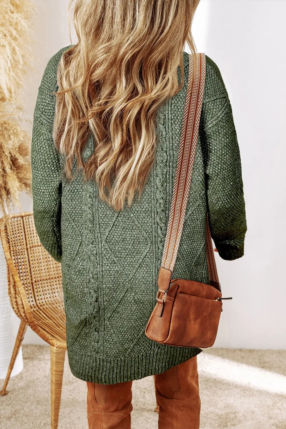 Coffee Cable Knit Drop Shoulder Loose Fit Sweater Dress Beagle Boutique Fashion Outlet