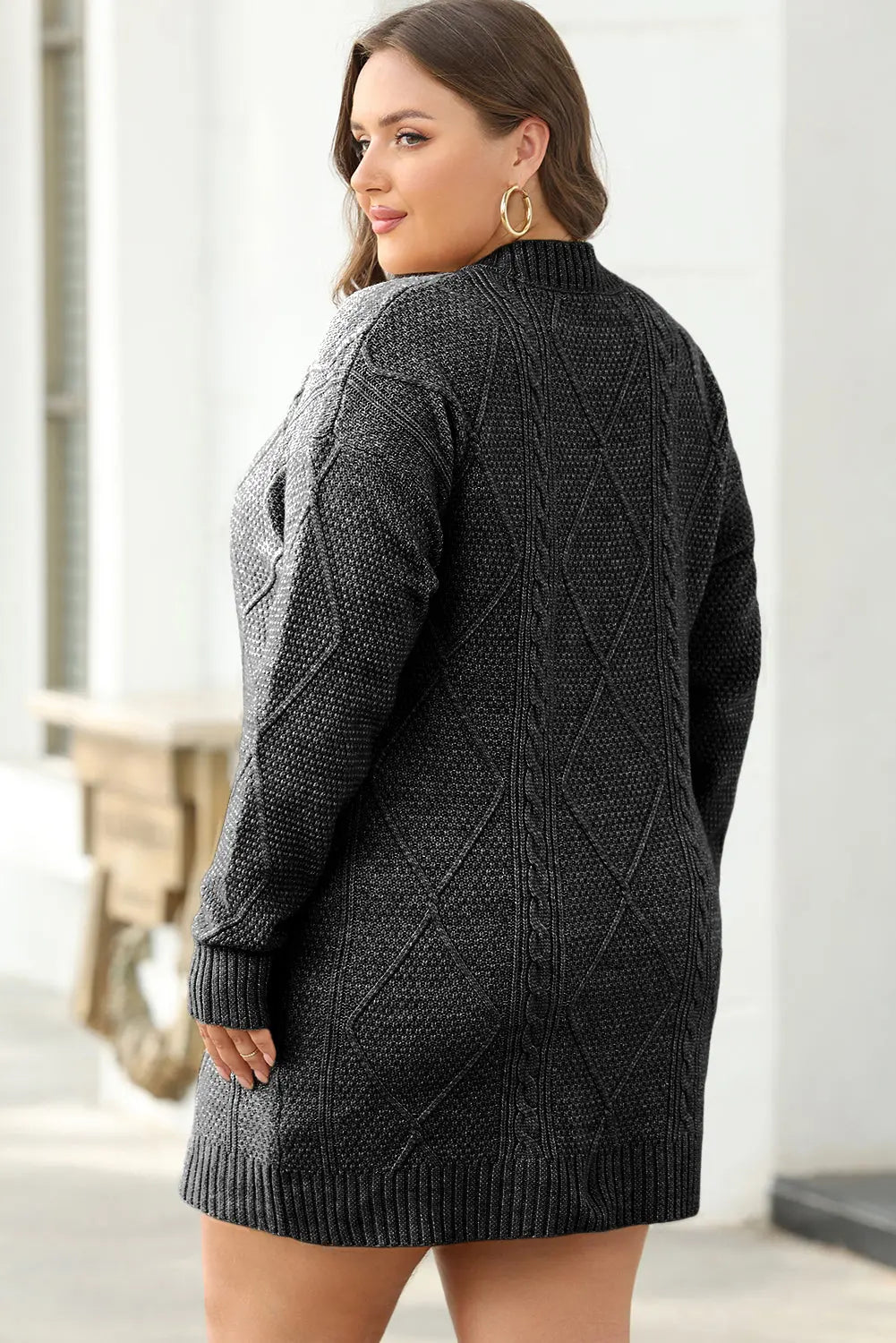 Coffee Cable Knit Drop Shoulder Loose Fit Sweater Dress Beagle Boutique Fashion Outlet