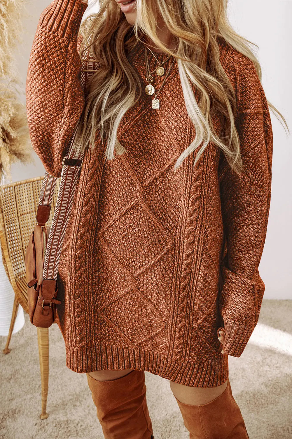 Coffee Cable Knit Drop Shoulder Loose Fit Sweater Dress eAura