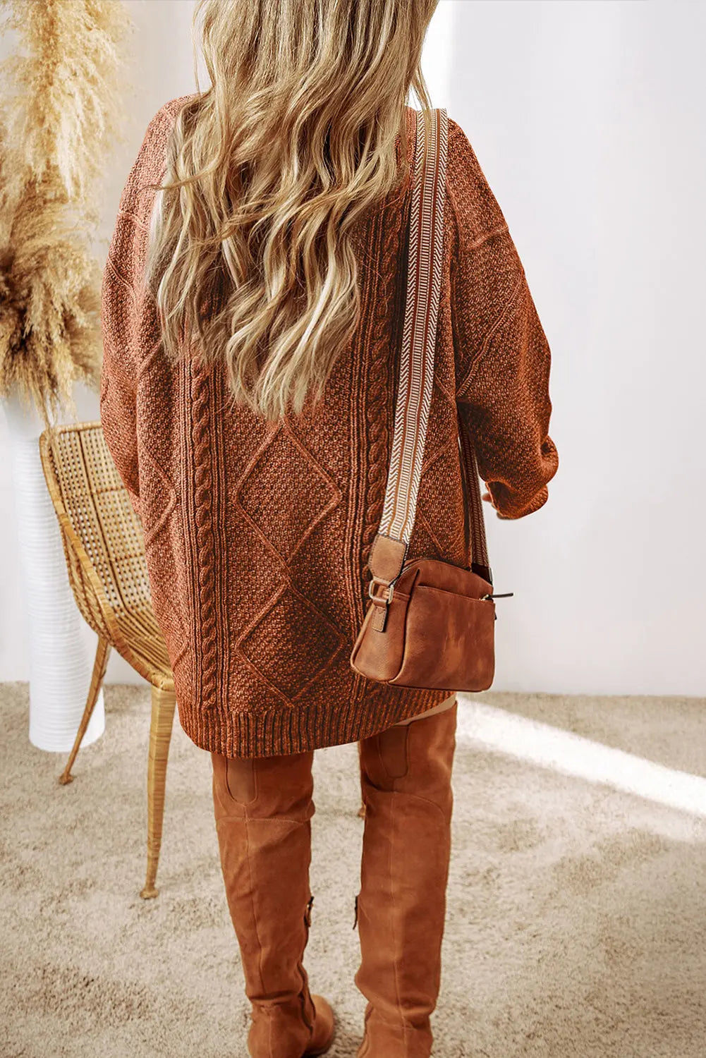 Coffee Cable Knit Drop Shoulder Loose Fit Sweater Dress eAura