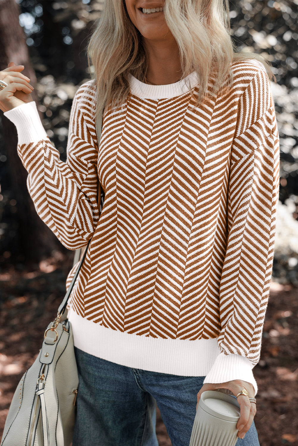 Coffee Contrast Edge Crew Neck Drop Shoulder Sweater - COFFEE / S / 50% VISCOSE + 28% POLYESTER + 22% POLYAMIDE