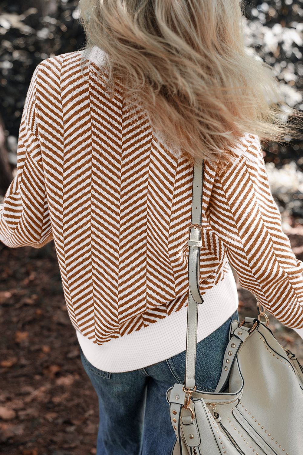 Coffee Contrast Edge Crew Neck Drop Shoulder Sweater - Sweaters & Cardigans/Sweaters
