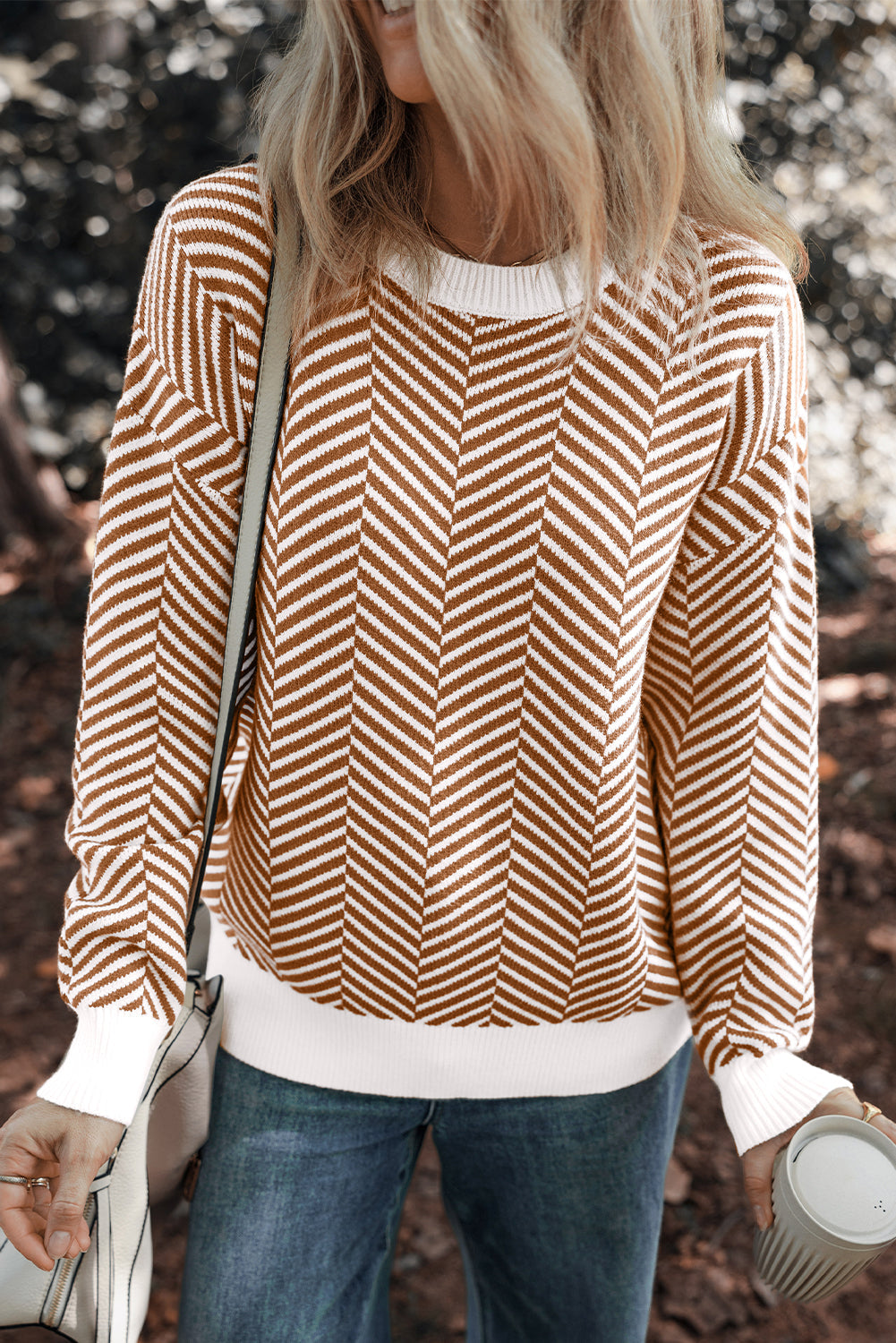 Coffee Contrast Edge Crew Neck Drop Shoulder Sweater - Sweaters & Cardigans/Sweaters