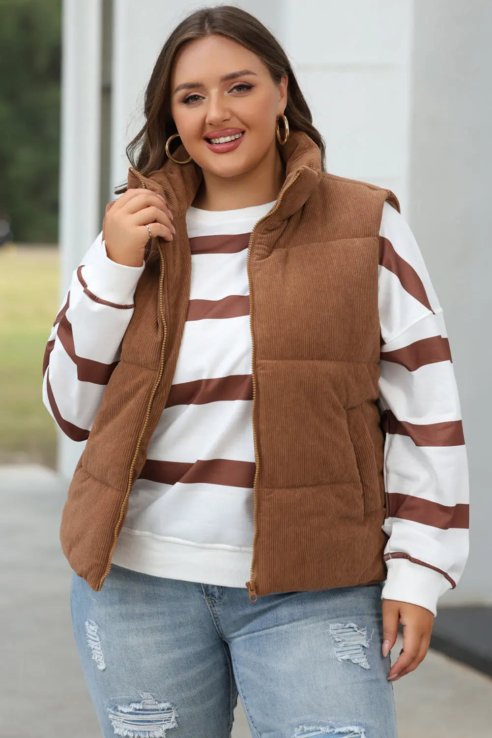 Coffee Corduroy Stand Neck Zipped Puffer Gilet Beagle Boutique Fashion Outlet