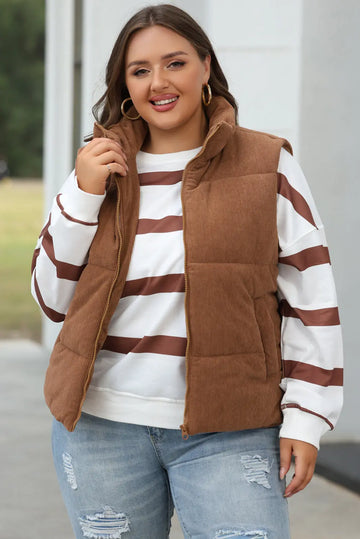 Coffee Corduroy Stand Neck Zipped Puffer Gilet Beagle Boutique Fashion Outlet