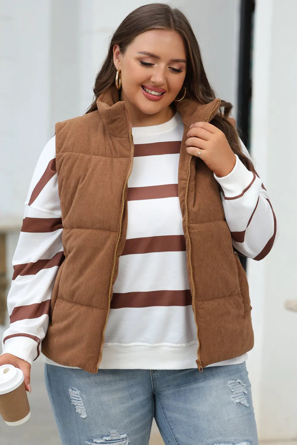 Coffee Corduroy Stand Neck Zipped Puffer Gilet Beagle Boutique Fashion Outlet