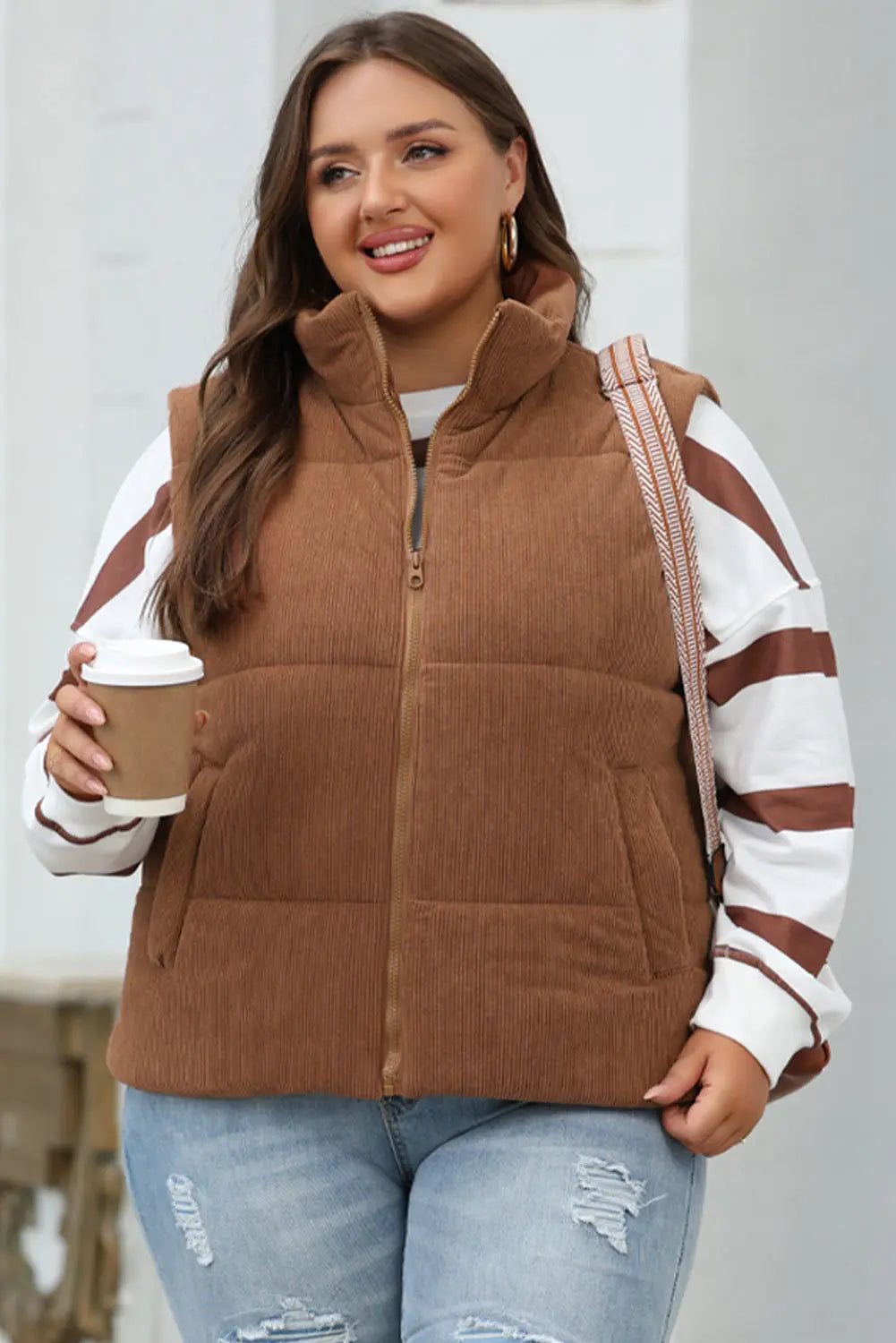 Coffee Corduroy Stand Neck Zipped Puffer Gilet Beagle Boutique Fashion Outlet