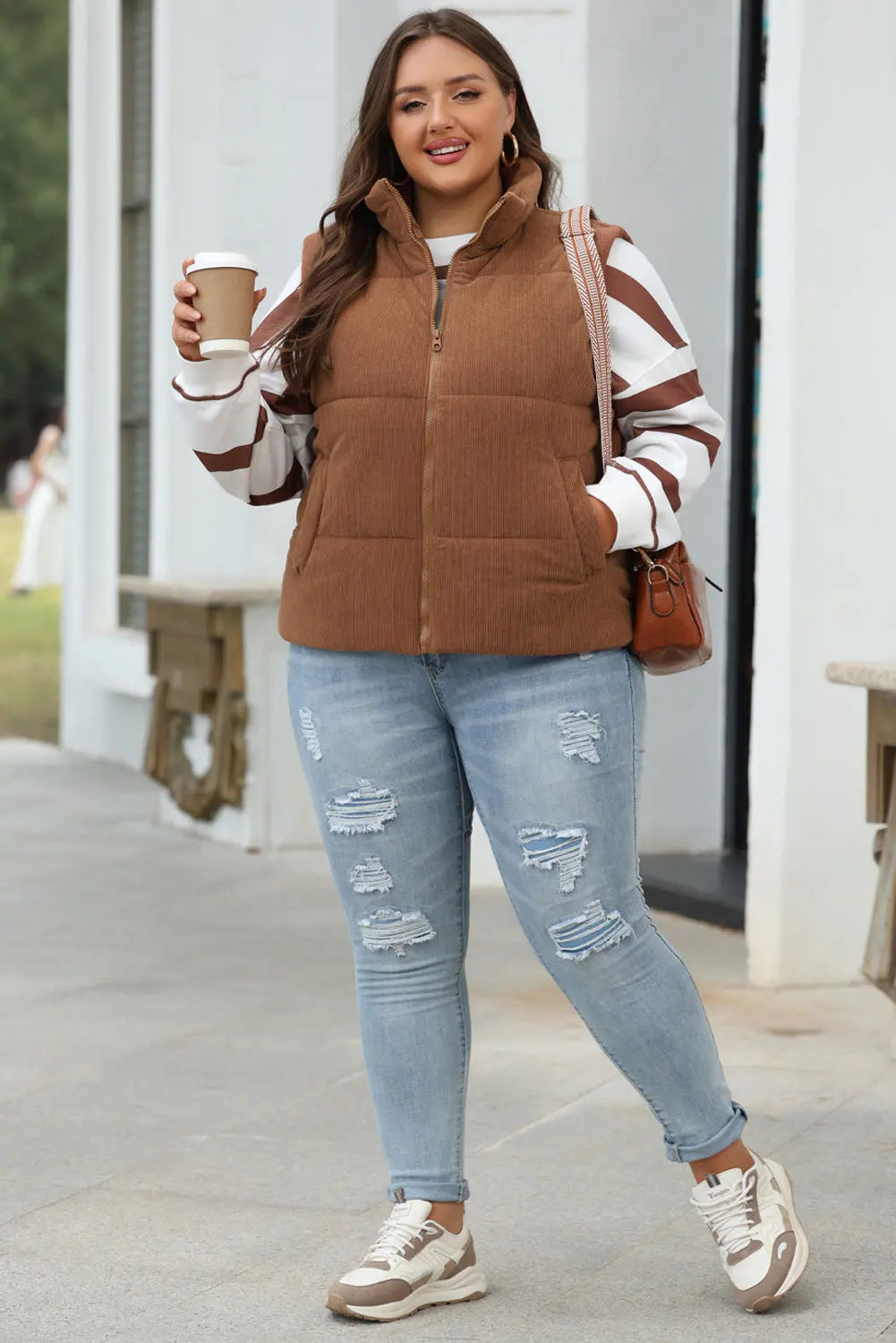 Coffee Corduroy Stand Neck Zipped Puffer Gilet Beagle Boutique Fashion Outlet