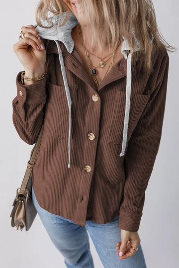 Coffee Hooded Drawstring Pockets Corduroy Shacket - eAura