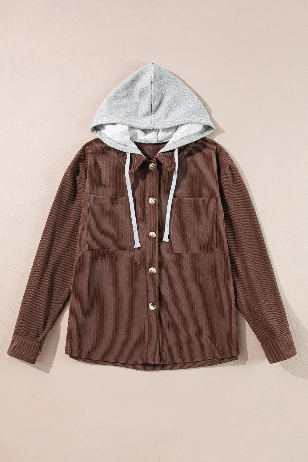 Coffee Hooded Drawstring Pockets Corduroy Shacket - eAura